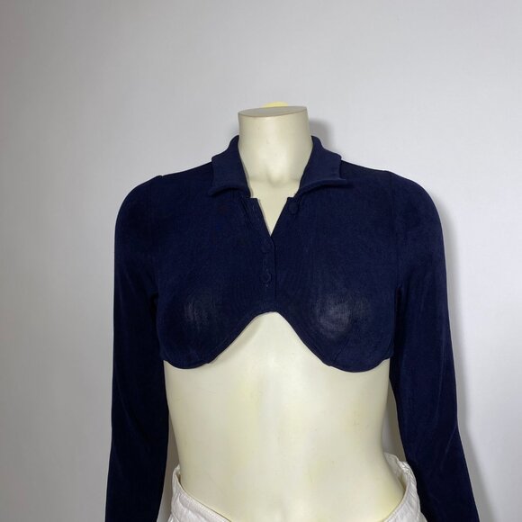 MIRROR PALAIS Navy Jersey 'Underwire Polo' Crop Long Sleeve Top - Picture 6 of 10